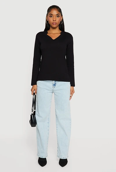 Solid Notch Neck Long Sleeve T-Shirt