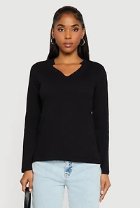 Solid Notch Neck Long Sleeve T-Shirt