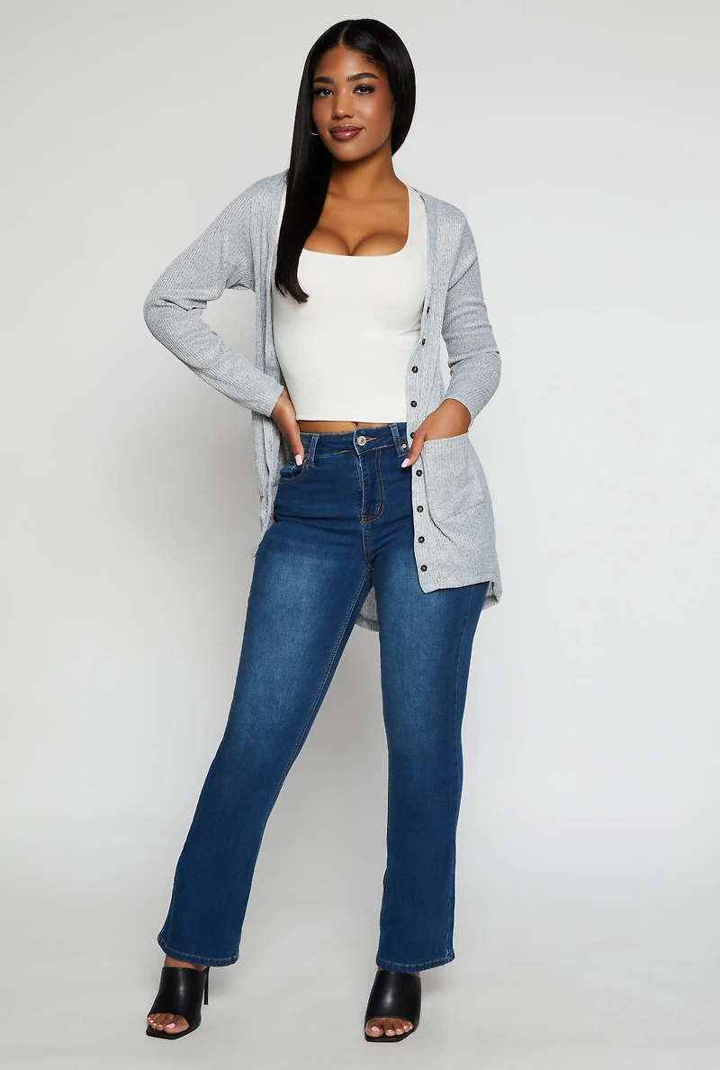 Ribbed Button Front High Low Top
