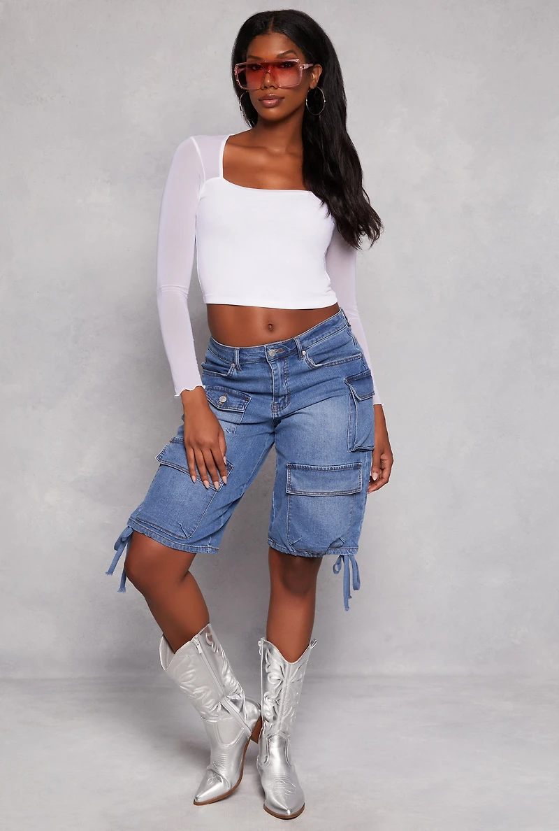 Womens Mesh Sleeve Square Neck Long Sleeve Top, White, Size S