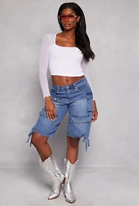 Womens Mesh Sleeve Square Neck Long Sleeve Top, White, Size S