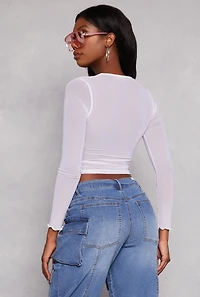 Womens Mesh Sleeve Square Neck Long Sleeve Top, White, Size S
