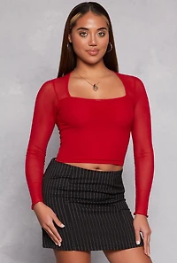 Mesh Sleeve Square Neck Long Top