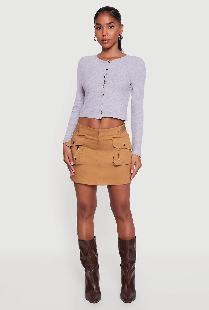 Ribbed Knit Button Front Long Sleeve Crop Top