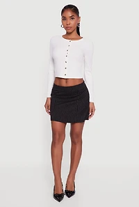 Womens Ribbed Knit Button Front Long Sleeve Crop Top, White, Size M