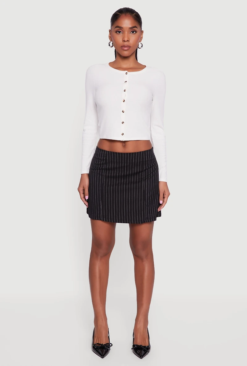 Womens Ribbed Knit Button Front Long Sleeve Crop Top, White, Size M