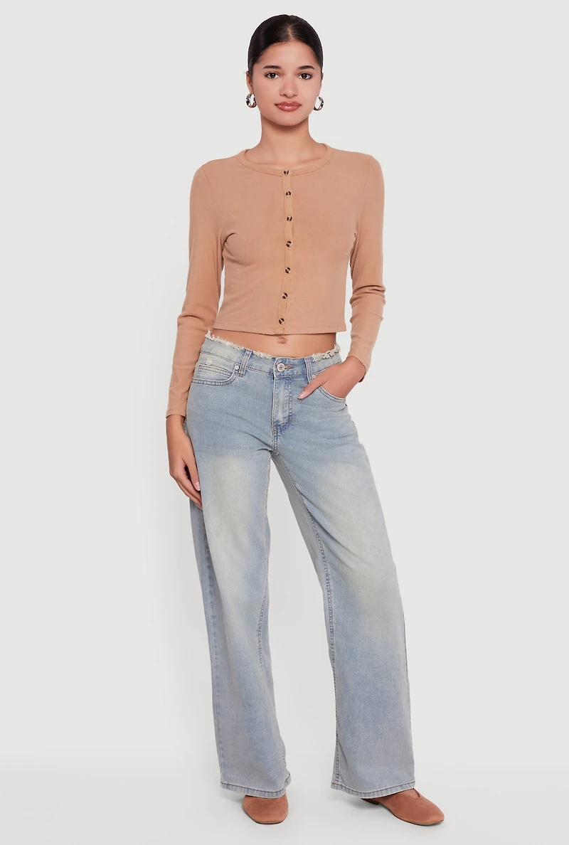 Ribbed Knit Button Front Long Sleeve Crop Top