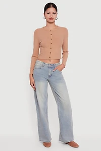 Ribbed Knit Button Front Long Sleeve Crop Top