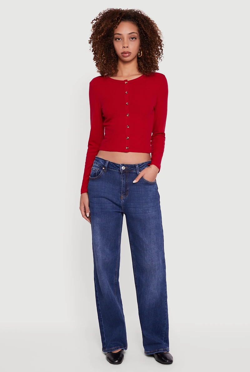 Ribbed Knit Button Front Long Sleeve Crop Top