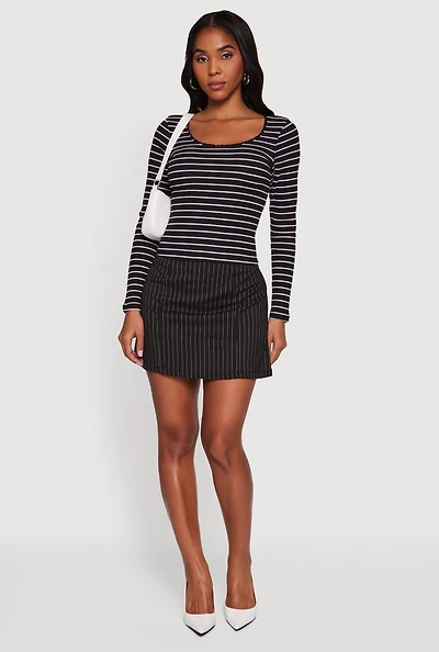 Womens Striped Rib Knit Cropped Long Sleeve Scoop Neck Tee,