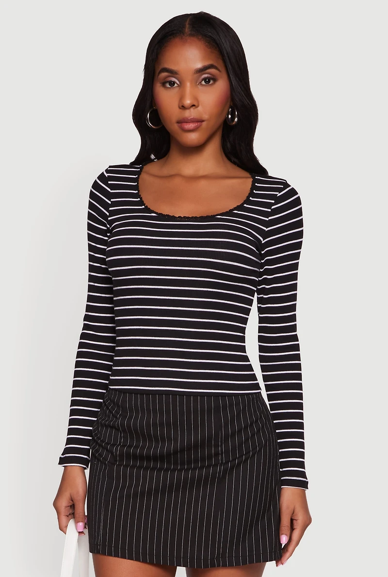 Striped Rib Knit Cropped Long Sleeve Scoop Neck Tee