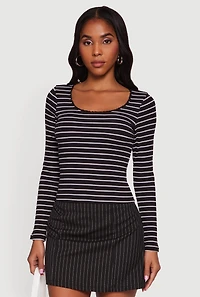 Striped Rib Knit Cropped Long Sleeve Scoop Neck Tee