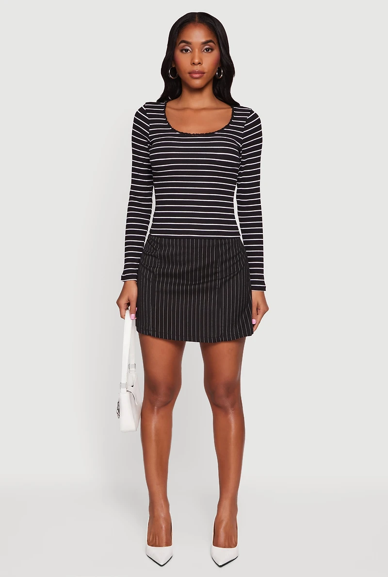 Striped Rib Knit Cropped Long Sleeve Scoop Neck Tee