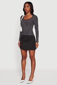 Striped Rib Knit Cropped Long Sleeve Scoop Neck Tee