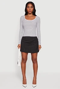 Womens Striped Rib Knit Cropped Long Sleeve Scoop Neck Tee, White, Size M