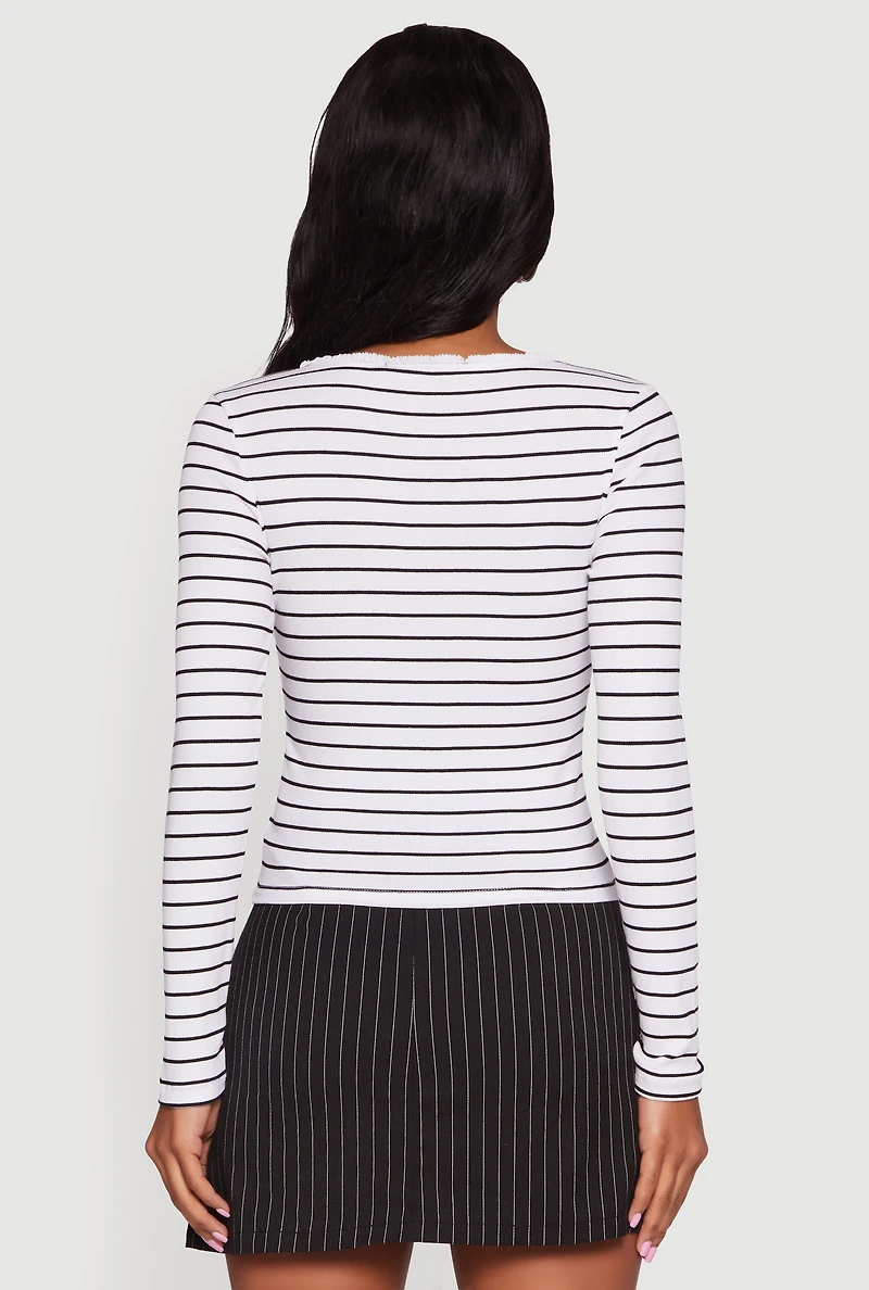 Womens Striped Rib Knit Cropped Long Sleeve Scoop Neck Tee, White, Size M