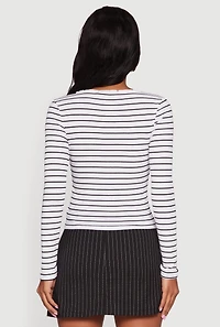 Womens Striped Rib Knit Cropped Long Sleeve Scoop Neck Tee, White, Size M