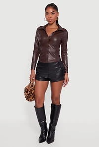 Faux Leather Button Front Long Sleeve Shirt