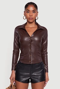 Faux Leather Button Front Long Sleeve Shirt