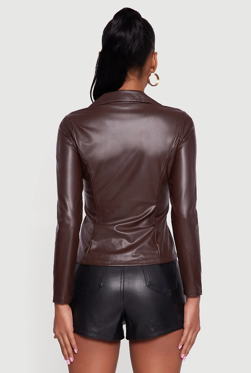Faux Leather Button Front Long Sleeve Shirt
