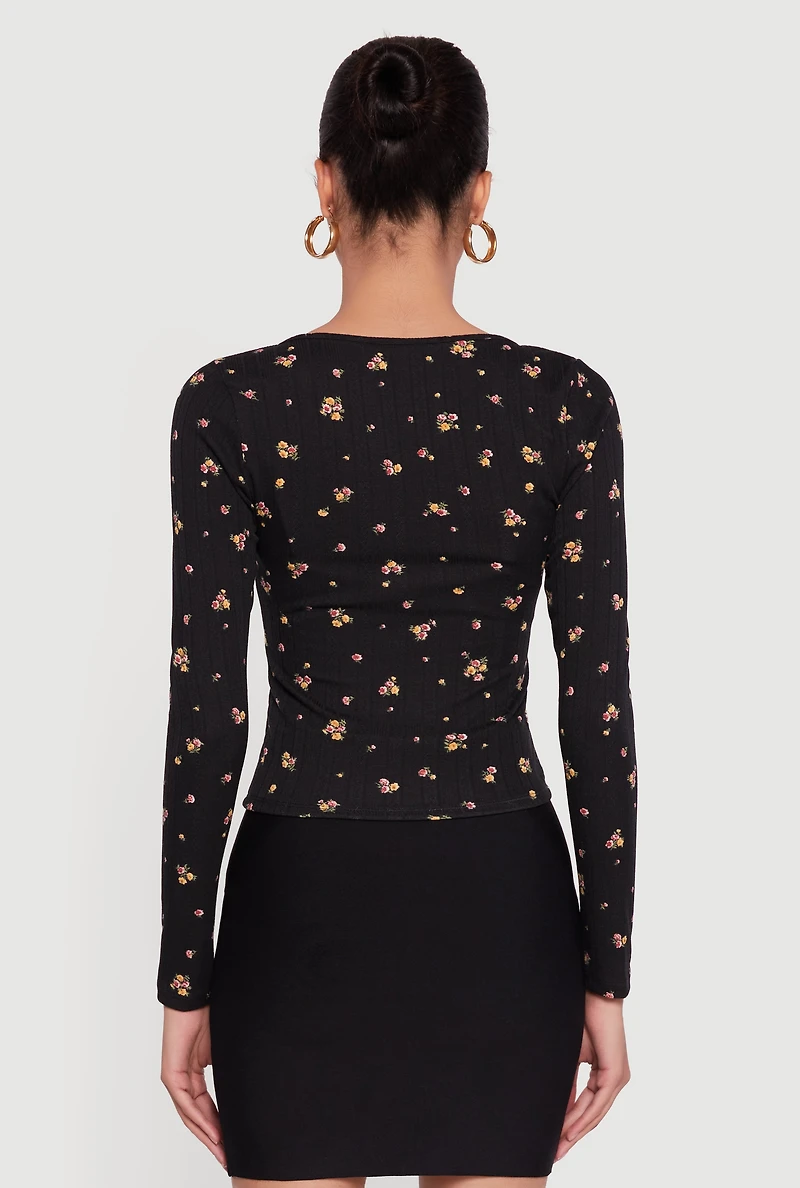 Floral Pointelle Long Sleeve Crop Top