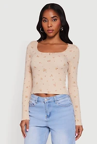 Womens Floral Pointelle Long Sleeve Crop Top, L