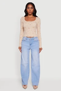 Womens Floral Pointelle Long Sleeve Crop Top, L