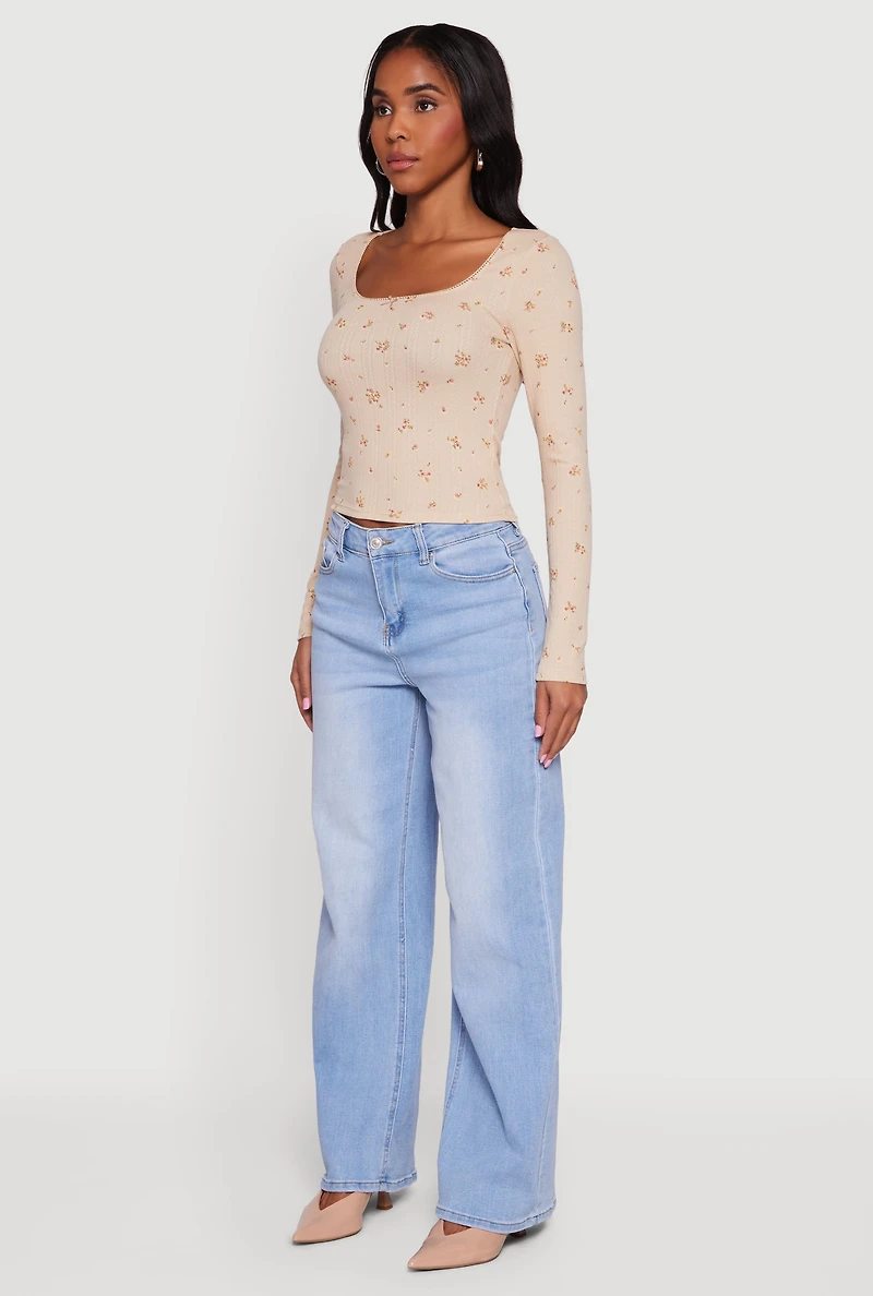 Womens Floral Pointelle Long Sleeve Crop Top, Beige, Size S