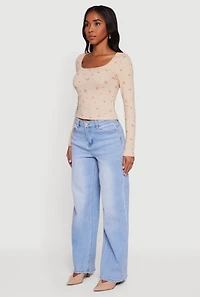 Womens Floral Pointelle Long Sleeve Crop Top, Beige, Size S