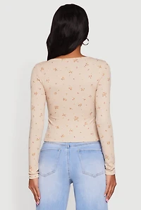 Womens Floral Pointelle Long Sleeve Crop Top, L