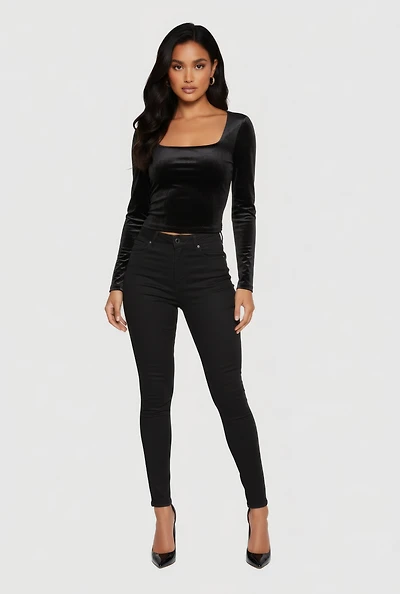 Womens Velvet Long Sleeve Square Neck Crop Top,