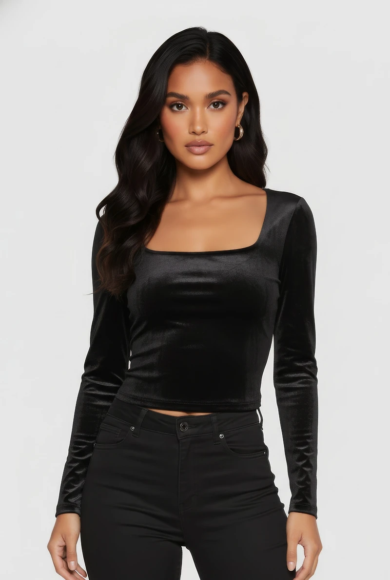 Womens Velvet Long Sleeve Square Neck Crop Top,