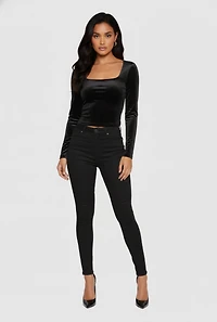 Womens Velvet Long Sleeve Square Neck Crop Top,