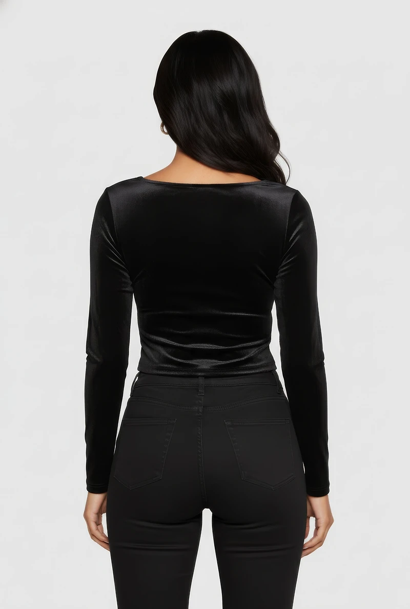Womens Velvet Long Sleeve Square Neck Crop Top,