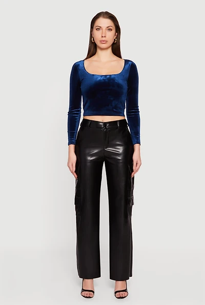 Womens Velvet Long Sleeve Square Neck Crop Top, Blue, Size L