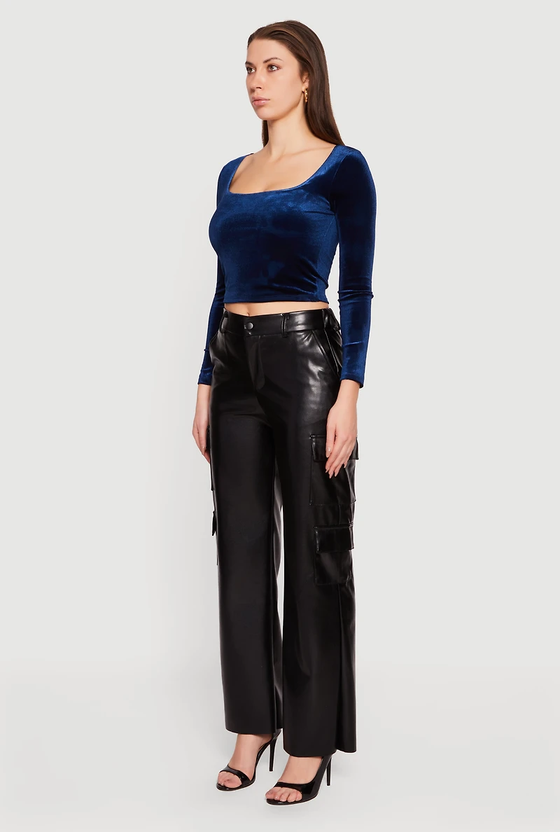 Womens Velvet Long Sleeve Square Neck Crop Top, Blue, Size M