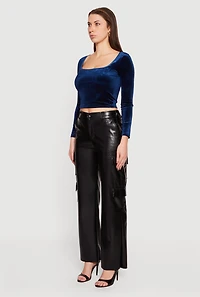 Womens Velvet Long Sleeve Square Neck Crop Top, Blue, Size M