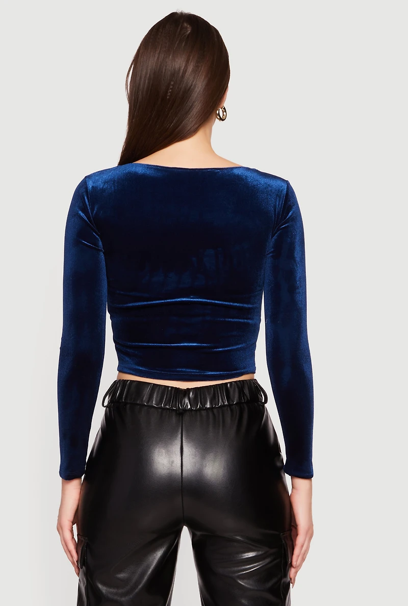 Womens Velvet Long Sleeve Square Neck Crop Top, Blue, Size M