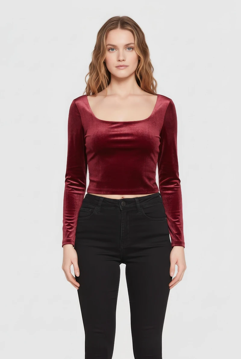 Velvet Long Sleeve Square Neck Crop Top