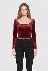 Velvet Long Sleeve Square Neck Crop Top