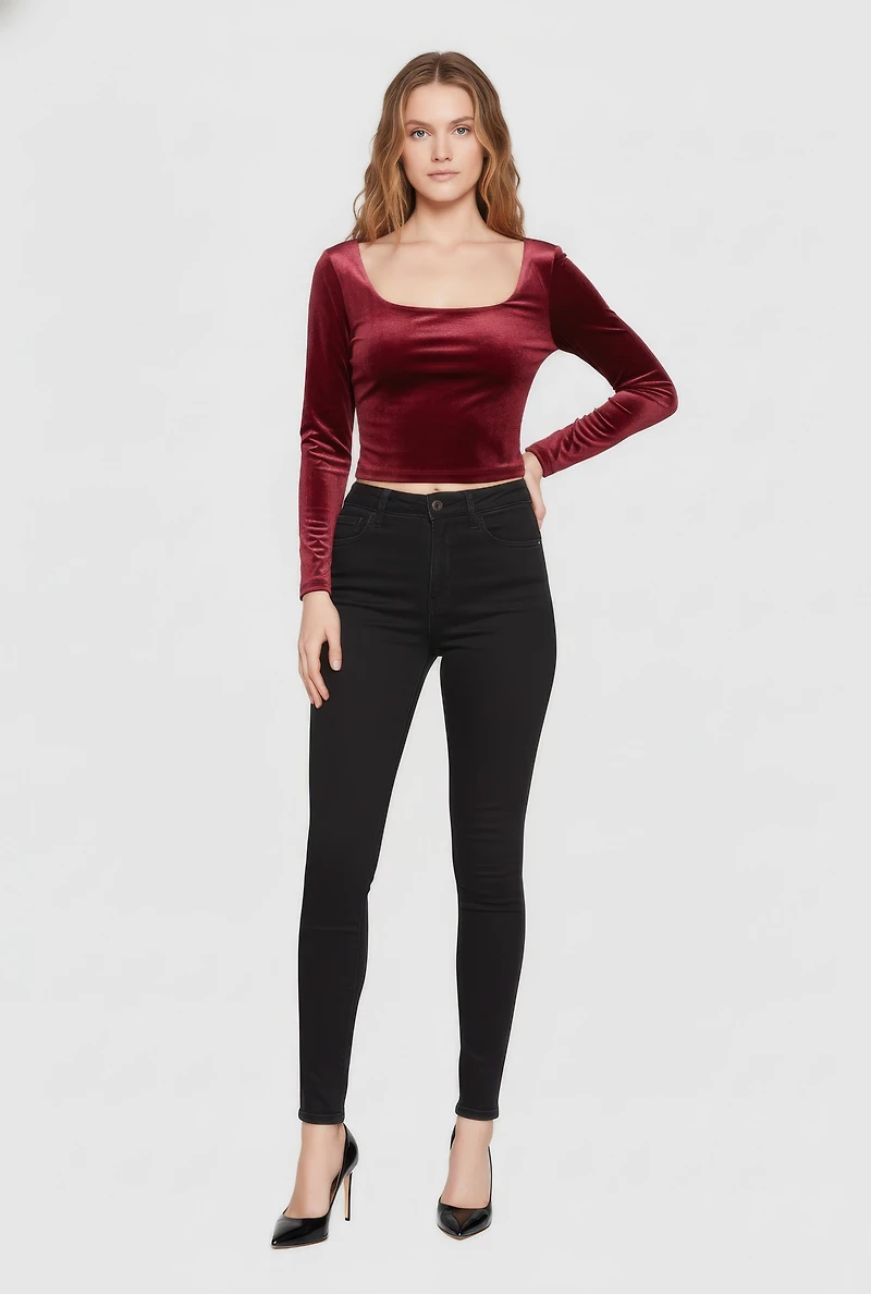 Velvet Long Sleeve Square Neck Crop Top