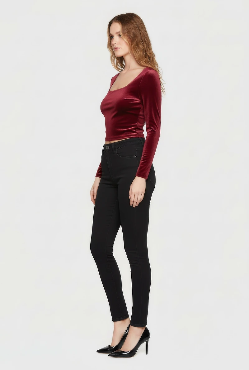 Velvet Long Sleeve Square Neck Crop Top