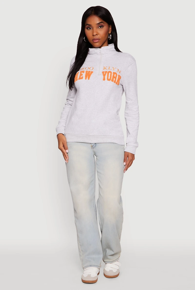 Womens Brooklyn New York Half Zip Pullover Sweatshirt, Grey, Size L