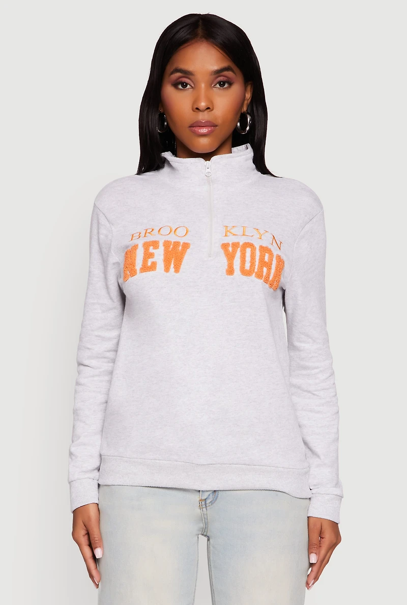 Womens Brooklyn New York Half Zip Pullover Sweatshirt, Grey, Size M