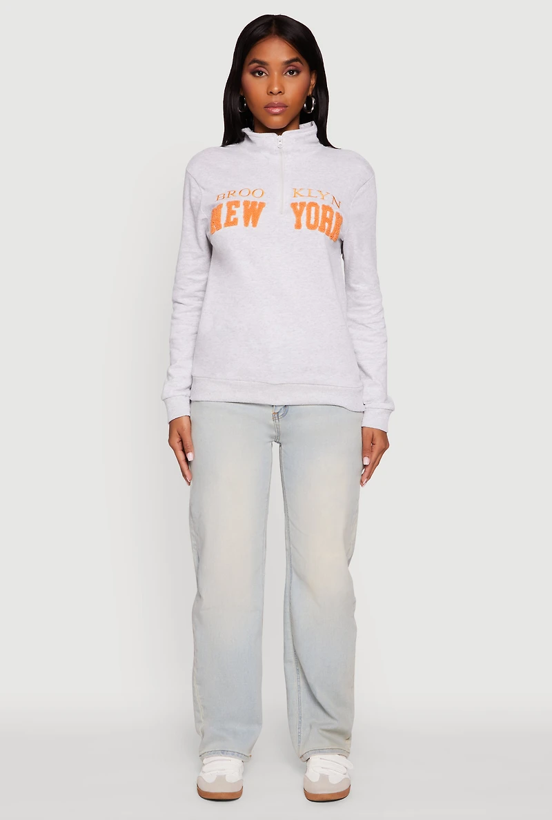 Womens Brooklyn New York Half Zip Pullover Sweatshirt, Grey, Size M