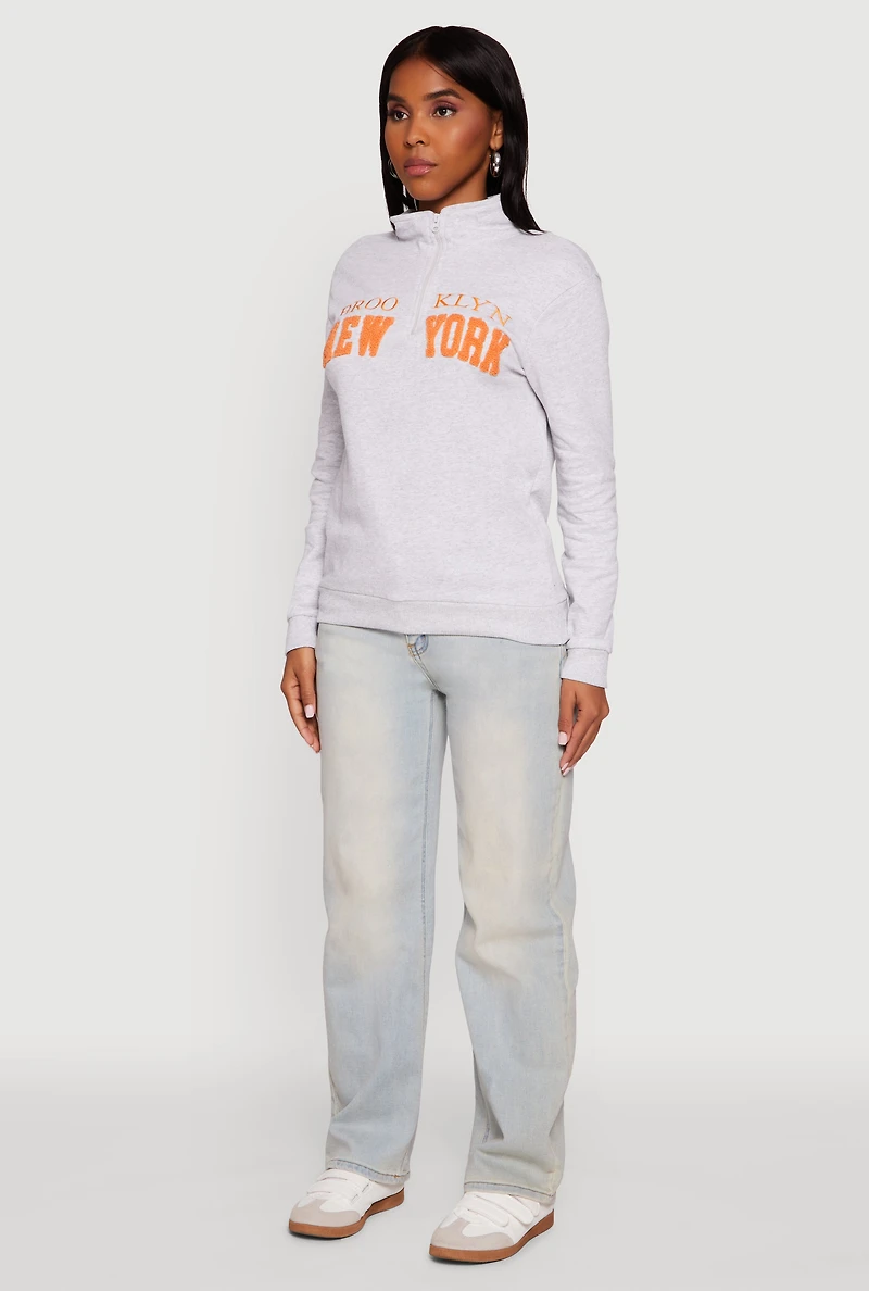 Womens Brooklyn New York Half Zip Pullover Sweatshirt, Grey, Size M
