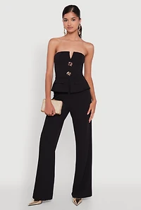 Womens Metallic Button Faux Pocket Peplum Detail Wide Leg Jumpsuit,