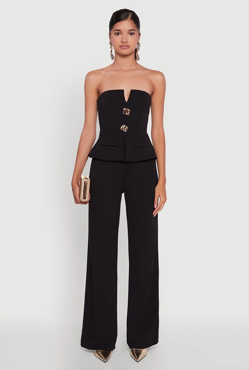 Womens Metallic Button Faux Pocket Peplum Detail Wide Leg Jumpsuit,