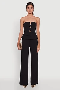 Womens Metallic Button Faux Pocket Peplum Detail Wide Leg Jumpsuit, Black, Size S