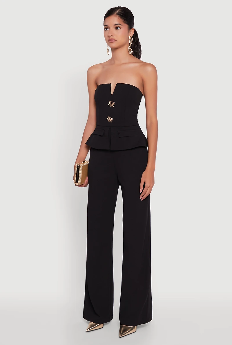 Womens Metallic Button Faux Pocket Peplum Detail Wide Leg Jumpsuit,